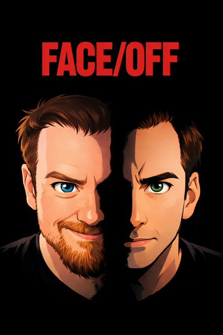 Abandon Script's illustrated Face/Off artwork, showing two opposing faces